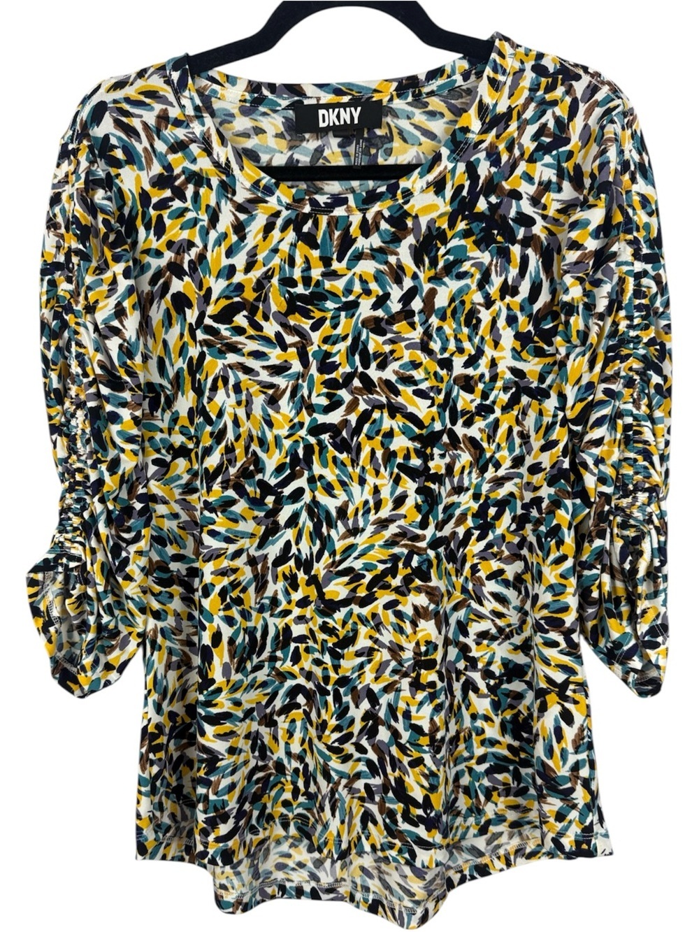 DKNY Abstract Print Ruched 3/4 Sleeve Top Large Yellow Teal High Low Blouse